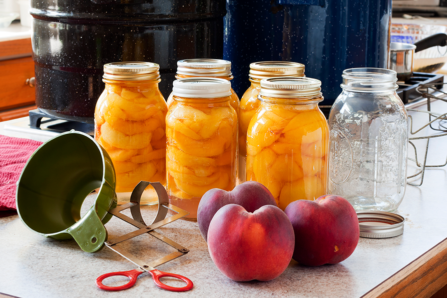 Canned peaches in jars, whole fresh peaches and other canning supplies in front of large canners.