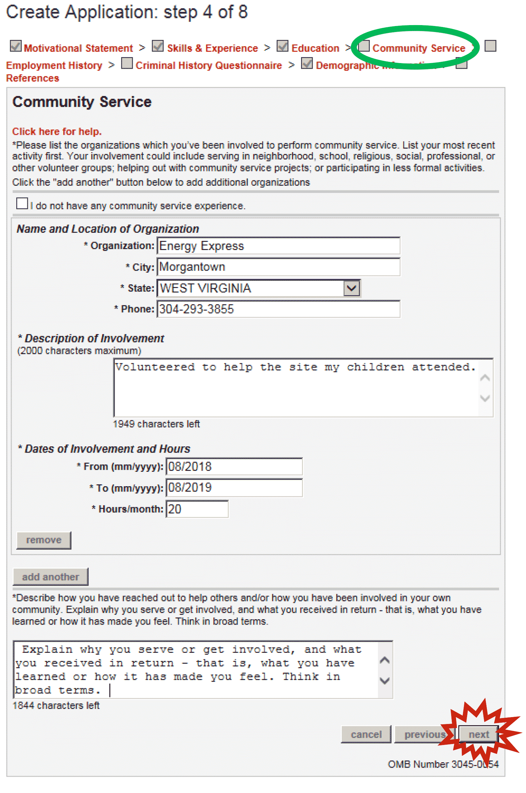 AmeriCorps application step 4: click the Community Service Checkbox and then click Next.