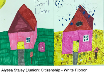 Alyssa Staley (Junior) Citizenship poster showing a pink house on a green grass lawn beside a pink house on a littered yellow lawn; read Don't litter.