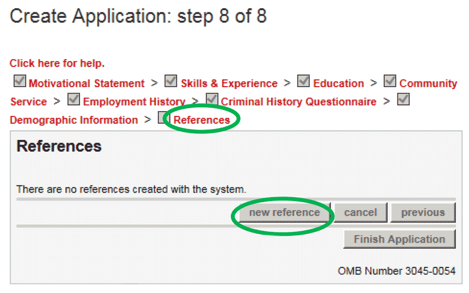 AmeriCorps application step 8: click the References Checkbox and then click New Reference.