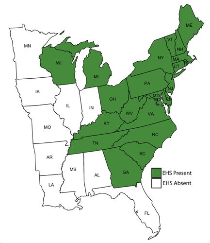 Map showing the eastern United States, where 21 states and Washington, D.C. are highlighted, indicating that elongate hemlock scale is present there. The states include: CT, DE, GA, KY, ME, MD, MA, MI, NH, NJ, NY, NC, OH, PA, RI, SC, TN, VT, VA, WV, & WI.