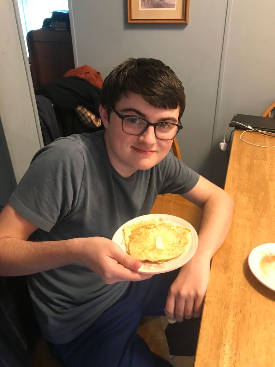 Conner with Belgian pancakes