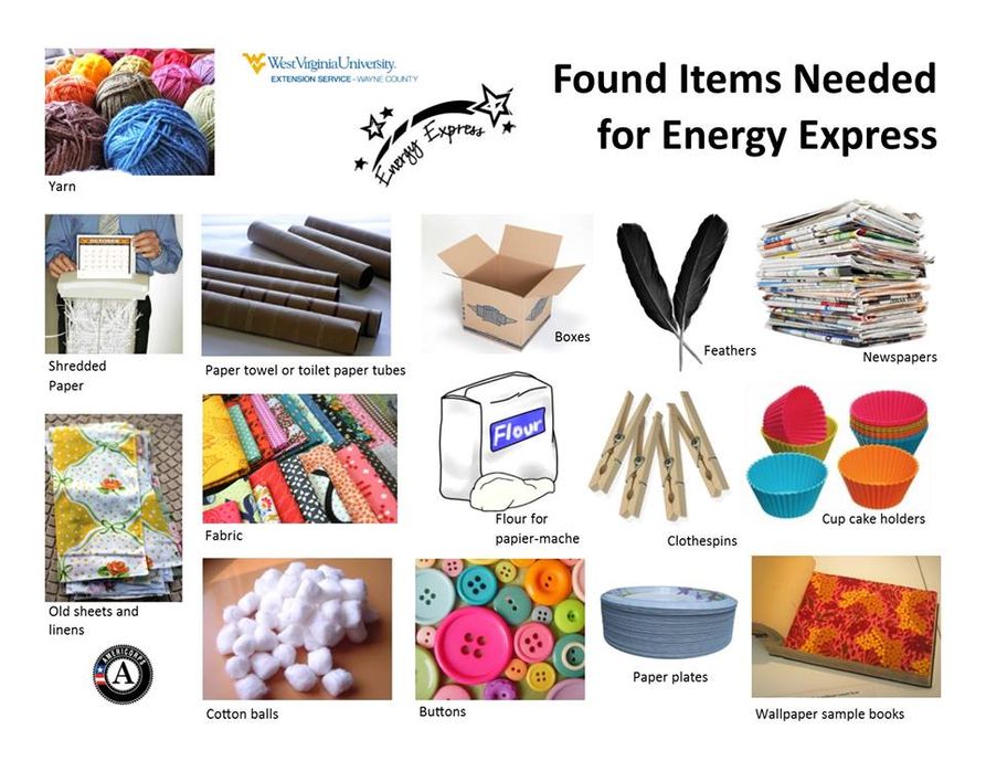photos of various recycable items to use in crafts at energy express such as yarn, paper, paper towel tubes and cotton balls