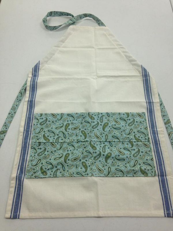 hand-made garden apron white with mint green patterned pockets