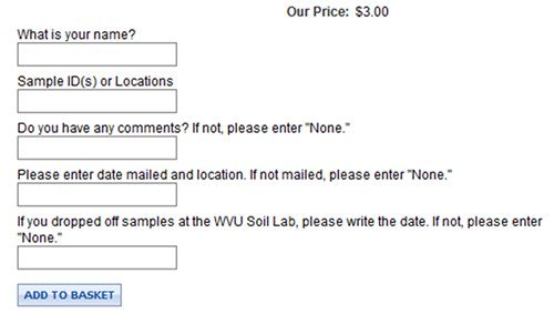 A screenshot of the Soil Testing E-Commerce Store Screen with fields including, in brief: Name, Sample ID/Location, Comments, Date Mailed/Location, Date Dropped Off at Soil Test Lab.