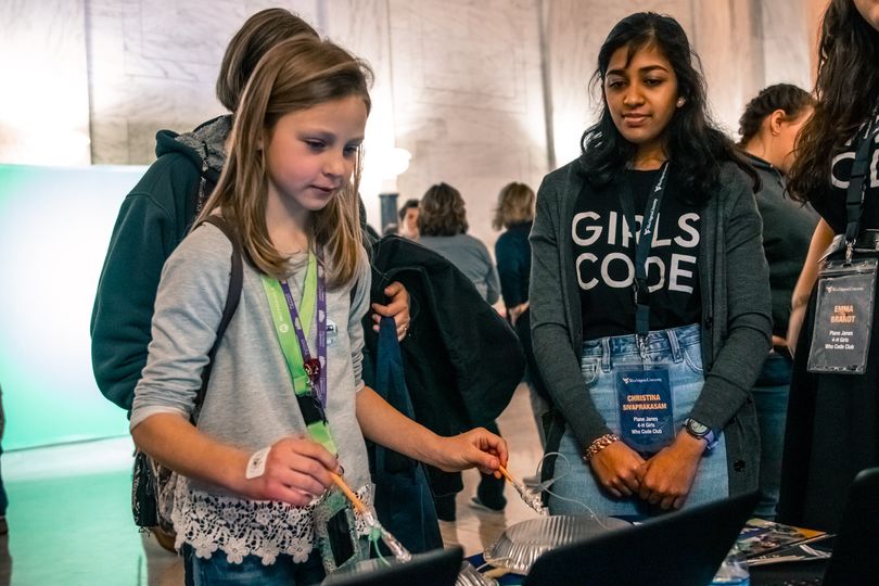 Female elementary school student learns to code a musical during during Day at the Legislature
