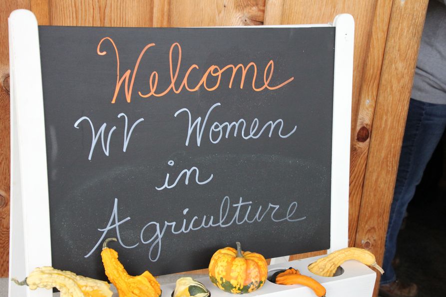 Black chalkboard that reads "Welcome WV Women in Agriculture" with fall gourds displayed in front.