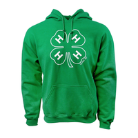 Green long sleeve hooded sweatshirt with a white 4-H clover in the center of the chest