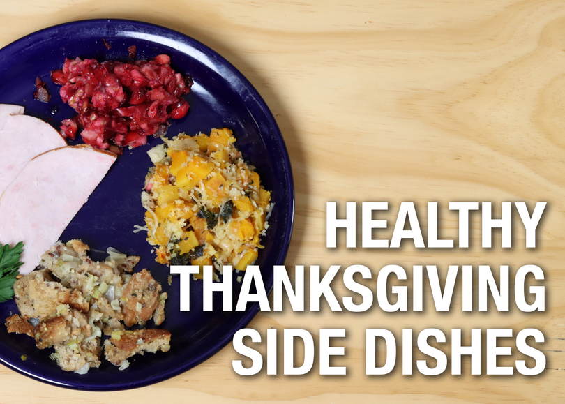 plate with turkey, cranberry salad, whole grain stuffing and butternut squash casserole 