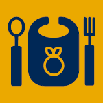 An icon of a spoon, fork and bib.